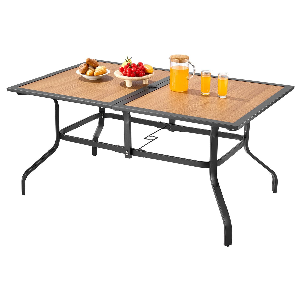 Outdoor Patio Dining Table, 59 inch Long Rectangular Wood-Like Steel Slat Backyard Bistro Tables for 4-6, with 1.5 in Umbrella Hole, All-Weather Large Furniture for Lawn Garden Porch, Brown