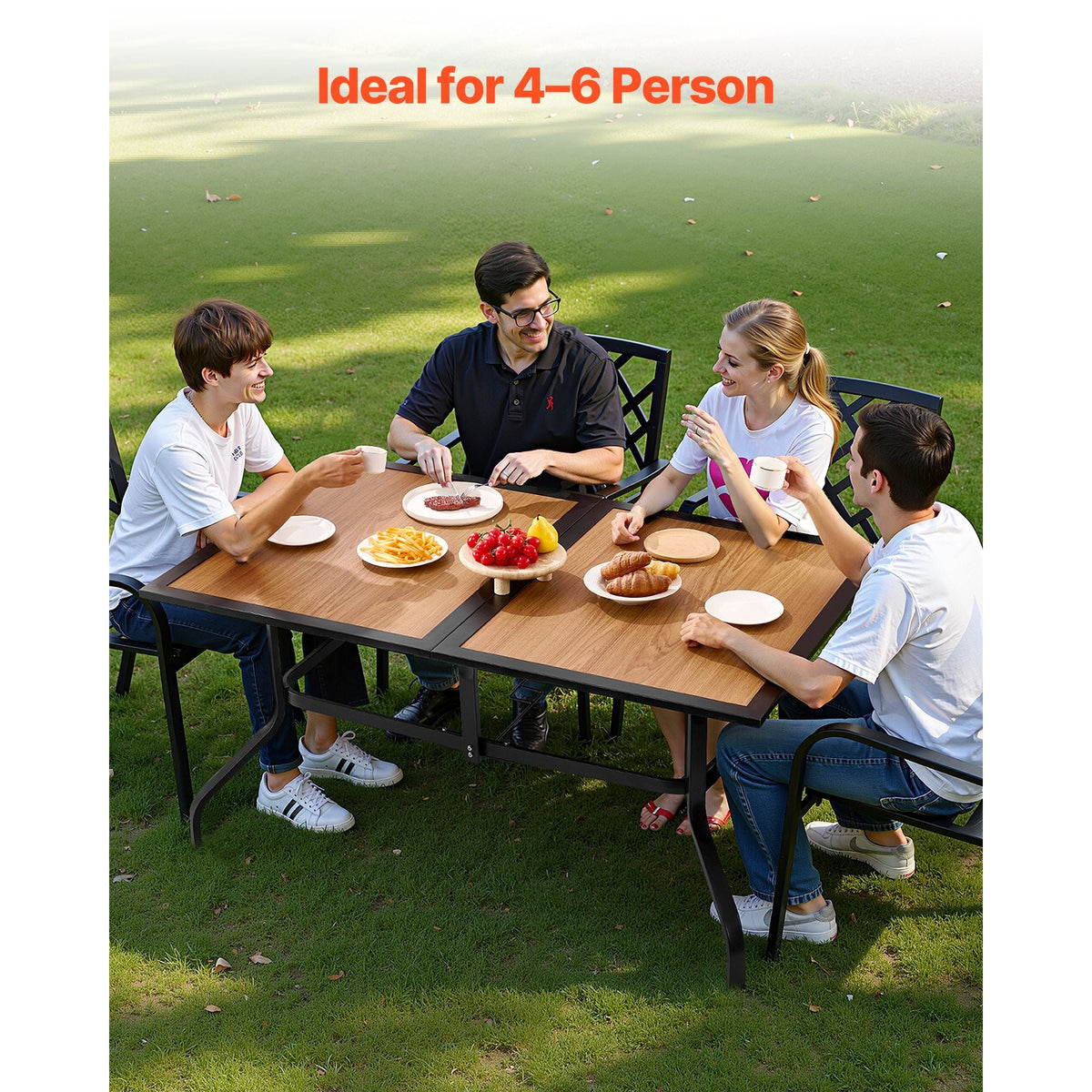 Outdoor Patio Dining Table, 59 inch Long Rectangular Wood-Like Steel Slat Backyard Bistro Tables for 4-6, with 1.5 in Umbrella Hole, All-Weather Large Furniture for Lawn Garden Porch, Brown