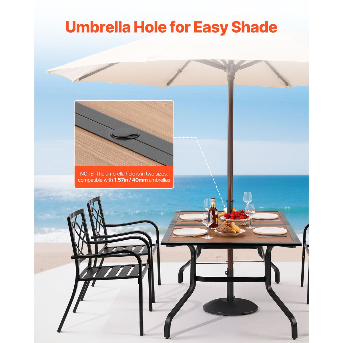 Outdoor Patio Dining Table, 59 inch Long Rectangular Wood-Like Steel Slat Backyard Bistro Tables for 4-6, with 1.5 in Umbrella Hole, All-Weather Large Furniture for Lawn Garden Porch, Brown
