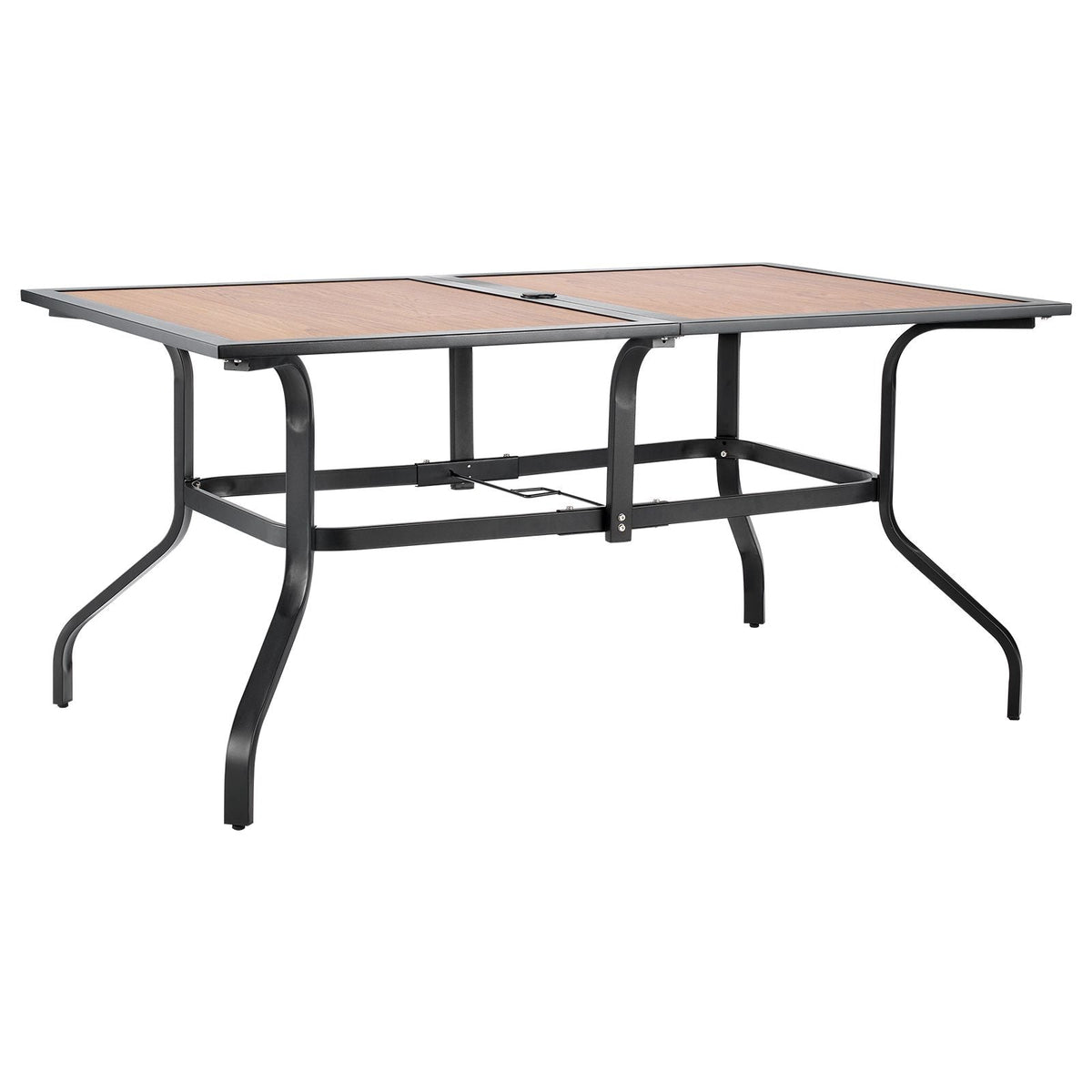 Outdoor Patio Dining Table, 59 inch Long Rectangular Wood-Like Steel Slat Backyard Bistro Tables for 4-6, with 1.5 in Umbrella Hole, All-Weather Large Furniture for Lawn Garden Porch, Brown