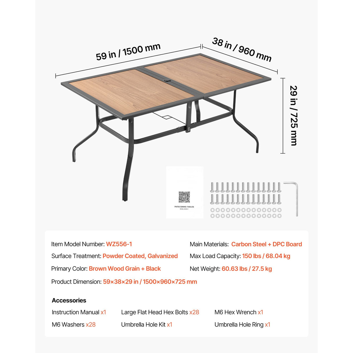 Outdoor Patio Dining Table, 59 inch Long Rectangular Wood-Like Steel Slat Backyard Bistro Tables for 4-6, with 1.5 in Umbrella Hole, All-Weather Large Furniture for Lawn Garden Porch, Brown