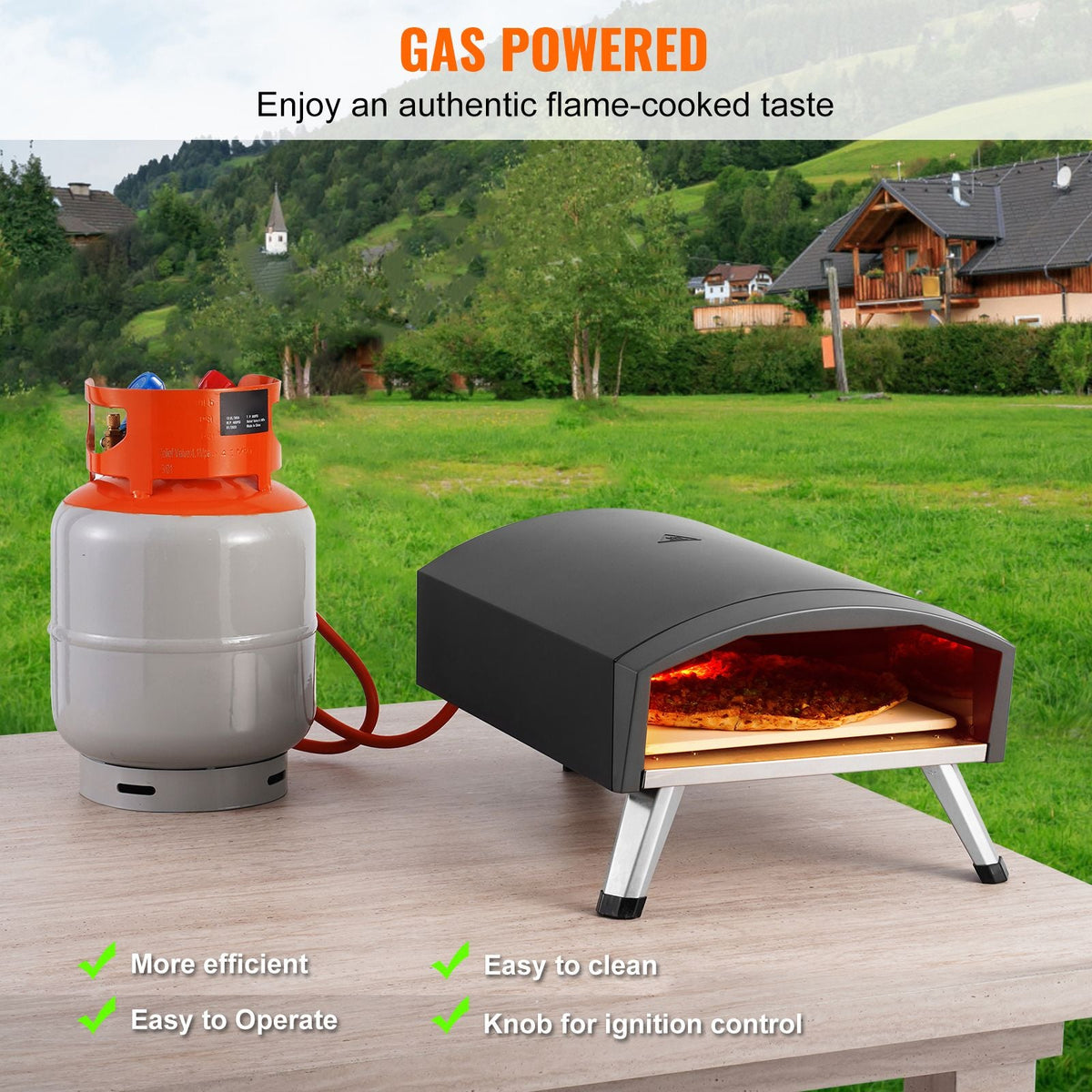 Outdoor Pizza Oven, 12" Gas Fired Pizza Maker, Portable Outside Pizza Grill with Thickened Cordierite Pizza Stone, Waterproof Cover, Iron Spray Gas Oven with Foldable Leg for Camping & Backyard