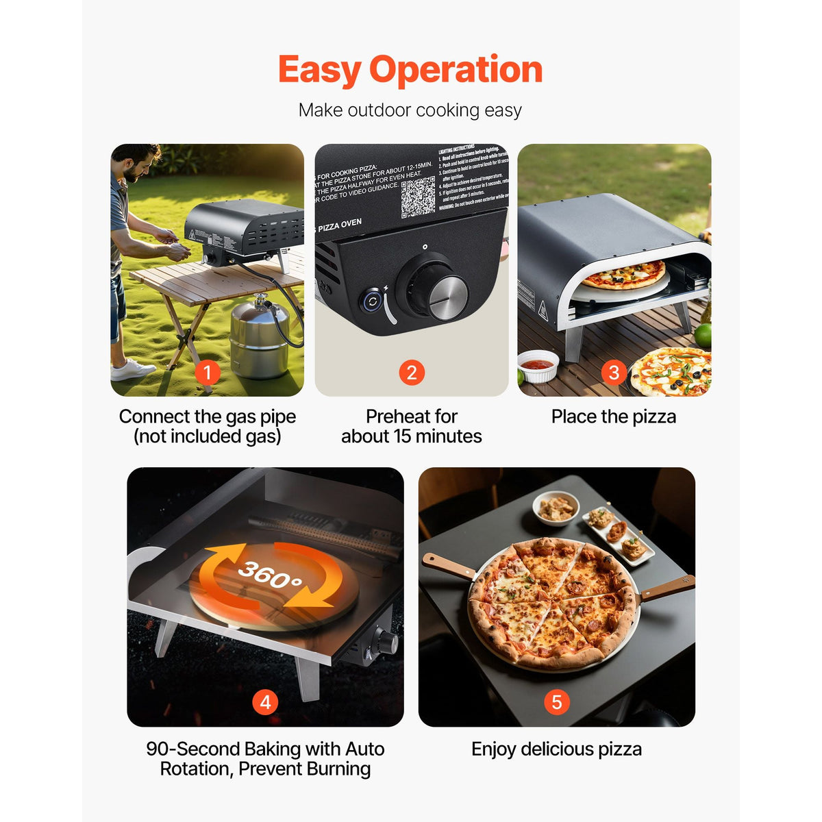 Outdoor Pizza Oven, 12 in Propane Gas Pizza Maker, Portable Pizza-Cooker with Electric Rotation, Thickened Pizza-Stone, Carry Bag, Propane Pizza-Oven for Outside Backyard Patio Camping, Black