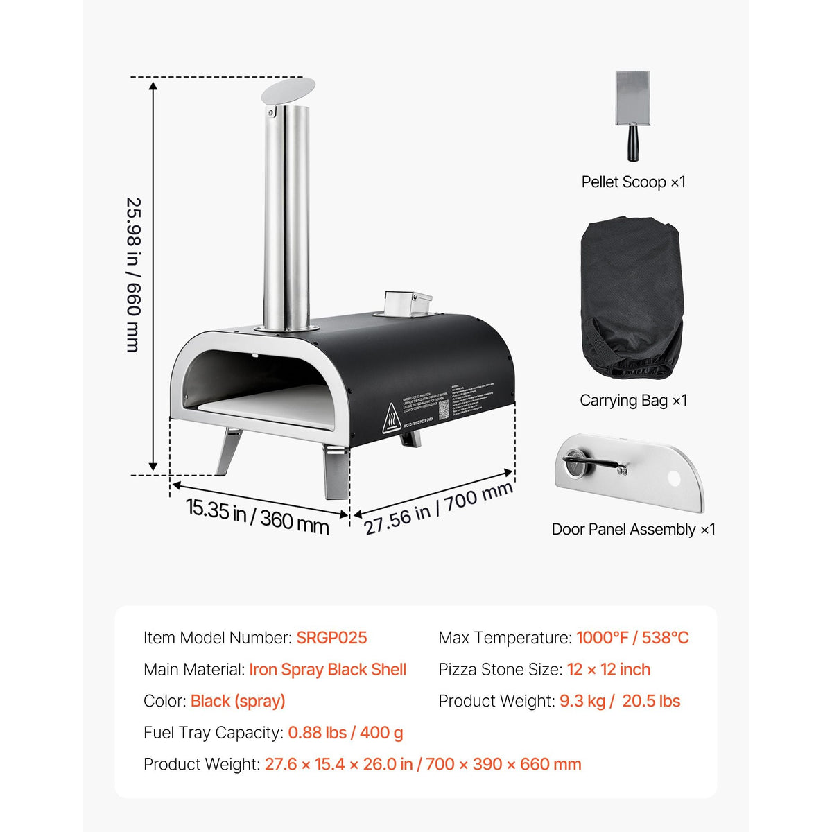 Outdoor Pizza Oven, 12 Inch Wood Fired Pizza Ovens, Pellet Pizza-Stove with Thermometer, Portable Pizza-Maker for Outside Backyard Patio Camping, Pizza-Stone, Carry Bag, Shovel, Black