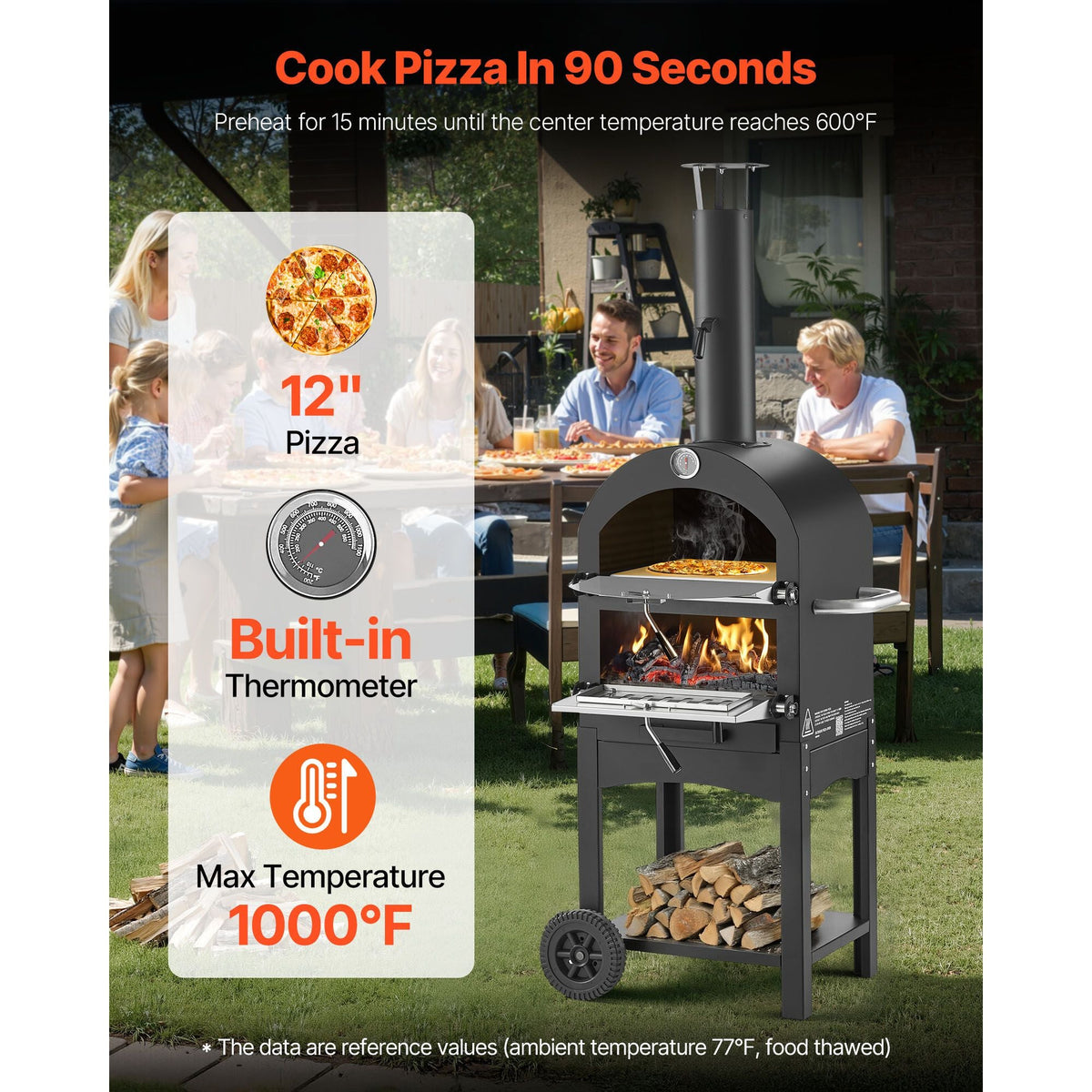 Outdoor Pizza Oven, 12" Pellet Fire Ovens, 2-Layer Pizza Oven Wood Fired, Wood Burning Outdoor Pizza-Oven with 2 Removable Wheels, 1000 F Max Temperature Fired Pizza-Maker Ovens for Barbecue