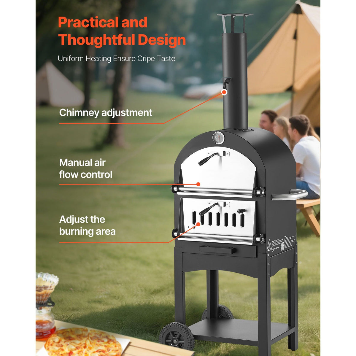 Outdoor Pizza Oven, 12" Pellet Fire Ovens, 2-Layer Pizza Oven Wood Fired, Wood Burning Outdoor Pizza-Oven with 2 Removable Wheels, 1000 F Max Temperature Fired Pizza-Maker Ovens for Barbecue