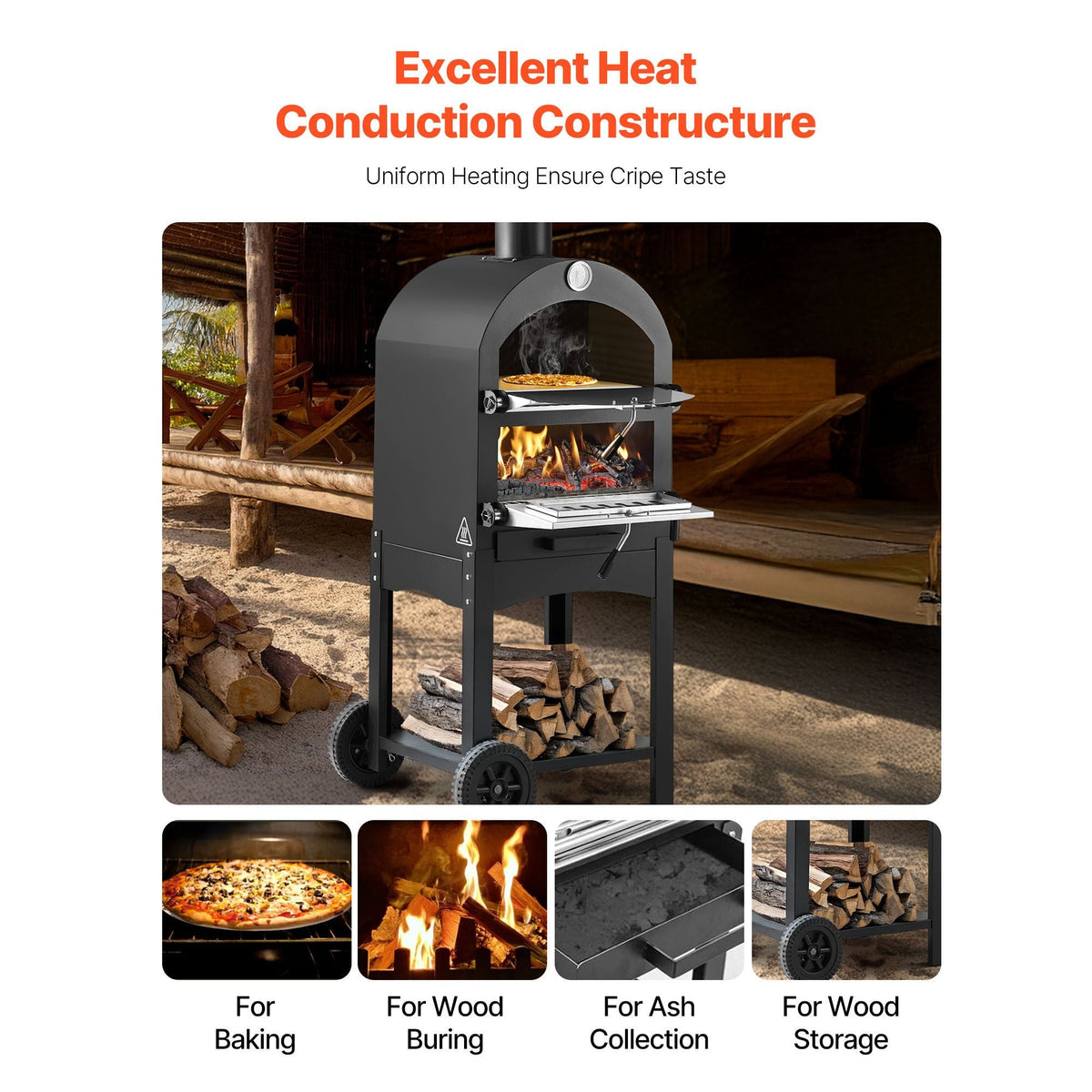 Outdoor Pizza Oven, 12" Pellet Fire Ovens, 2-Layer Pizza Oven Wood Fired, Wood Burning Outdoor Pizza-Oven with 2 Removable Wheels, 1000 F Max Temperature Fired Pizza-Maker Ovens for Barbecue