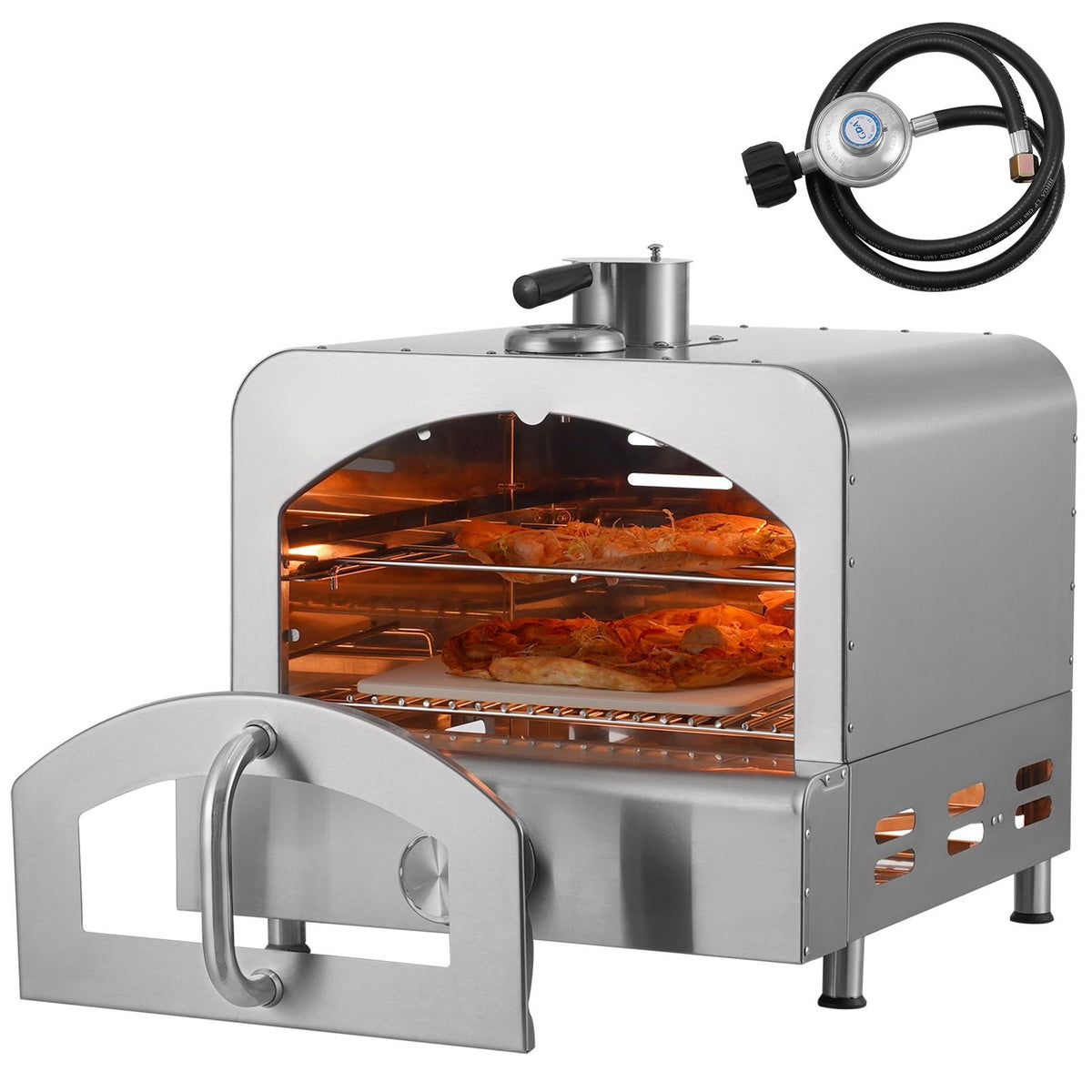 Outdoor Pizza Oven, 13" Gas Fired Pizza Maker, Portable Outside Pizza Grill with Thickened Cordierite Pizza Stone and Built-in Thermometer, 430 Stainless Steel Gas Oven for Camping & Backyard