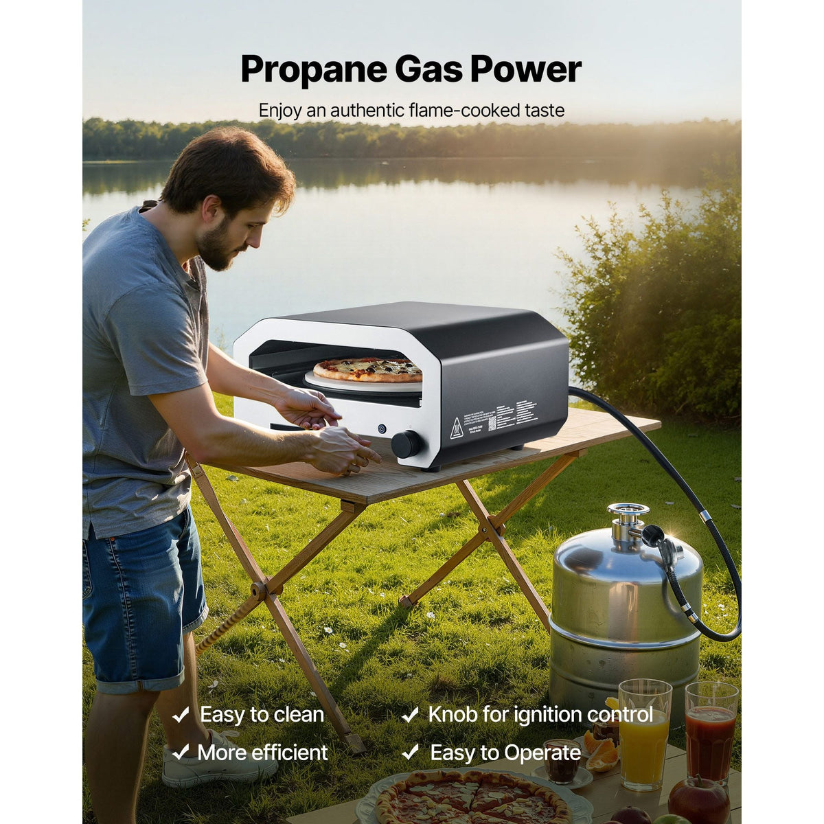 Outdoor Pizza Oven, 16 in Propane Gas Pizza Maker, Portable Pizza-Cooker with Electric Rotation, Thickened Pizza-Stone, Carry Bag, Propane Pizza-Oven for Outside Backyard Patio Camping, Black