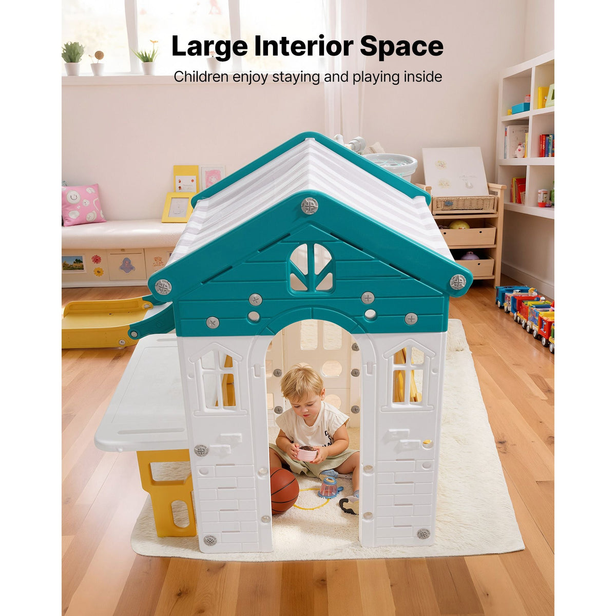 Outdoor Playhouse, Versatile Toddler Playground with Slide, Basketball, Telescope, Steering Wheel, Crawling Tunnel, Sales Window, Toddler Playset for Aged 1+, Open Play Structure, HDPE Plastic