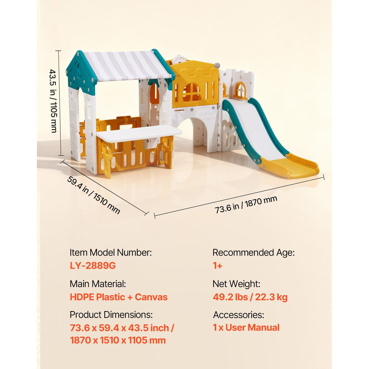 Outdoor Playhouse, Versatile Toddler Playground with Slide, Basketball, Telescope, Steering Wheel, Crawling Tunnel, Sales Window, Toddler Playset for Aged 1+, Open Play Structure, HDPE Plastic