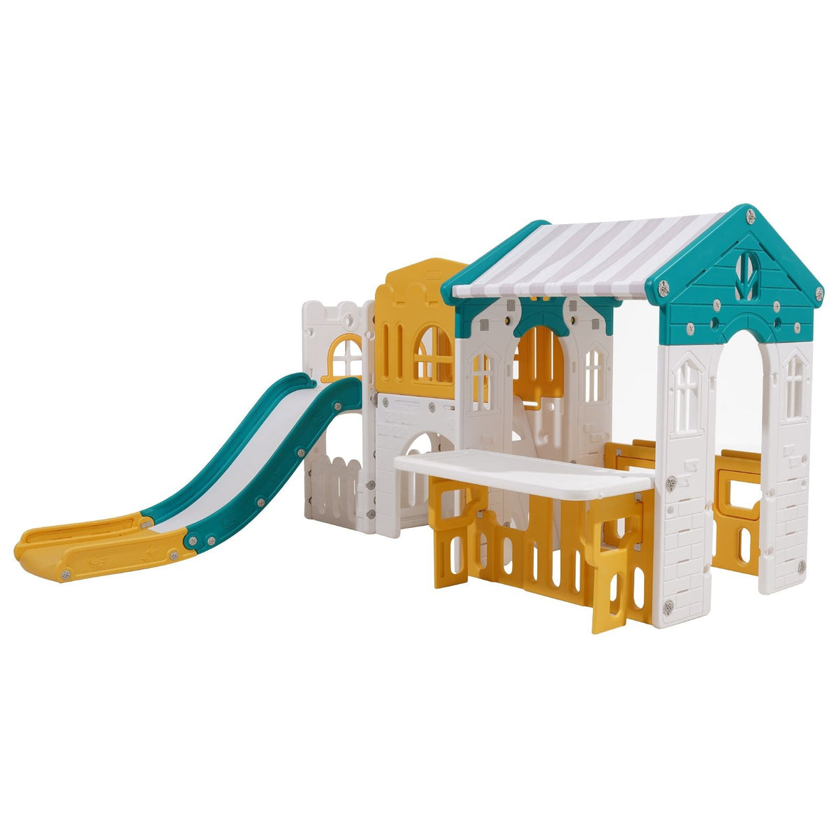 Outdoor Playhouse, Versatile Toddler Playground with Slide, Basketball, Telescope, Steering Wheel, Crawling Tunnel, Sales Window, Toddler Playset for Aged 1+, Open Play Structure, HDPE Plastic