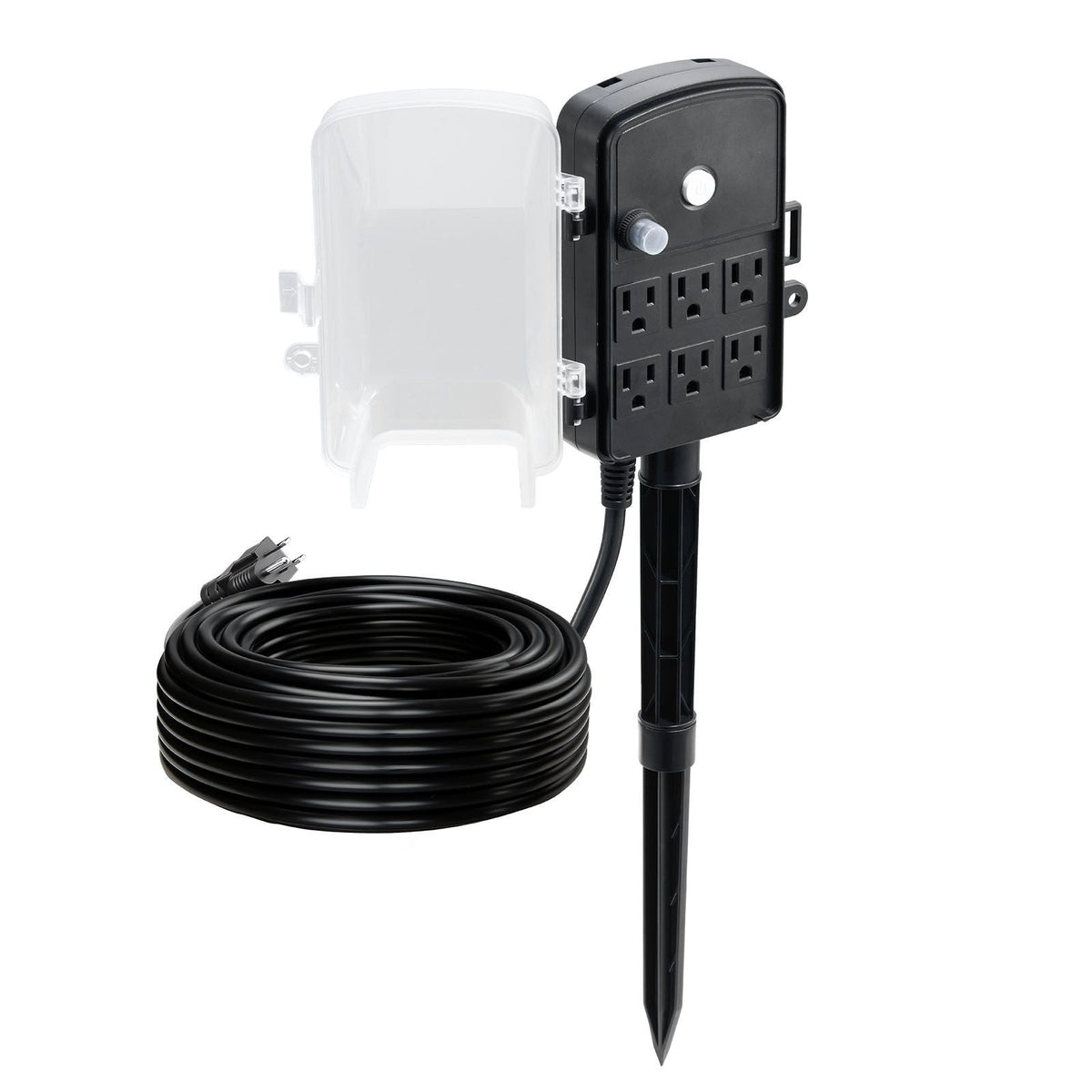 Outdoor Power Stake, 100 FT Extension Cord, Outdoor Power Strip Weatherproof with Cover and Overload Protection, 6 Outlets, 13A/1625W, Waterproof Multi-Outlet Yard Stake for Christmas Lights