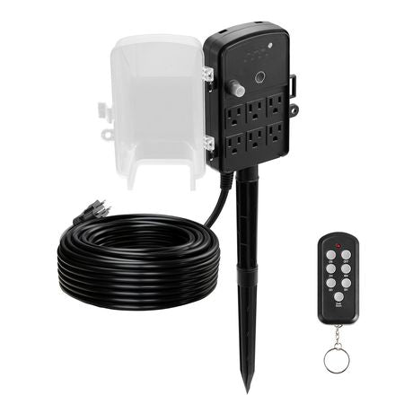 Outdoor Power Stake, 100FT Extension Cord, Outdoor Power Strip Weatherproof with Cover, Remote Control Dusk to Dawn Light Timer Waterproof, 6 Outlets, 1625W/13A, for Christmas Lights, Garden