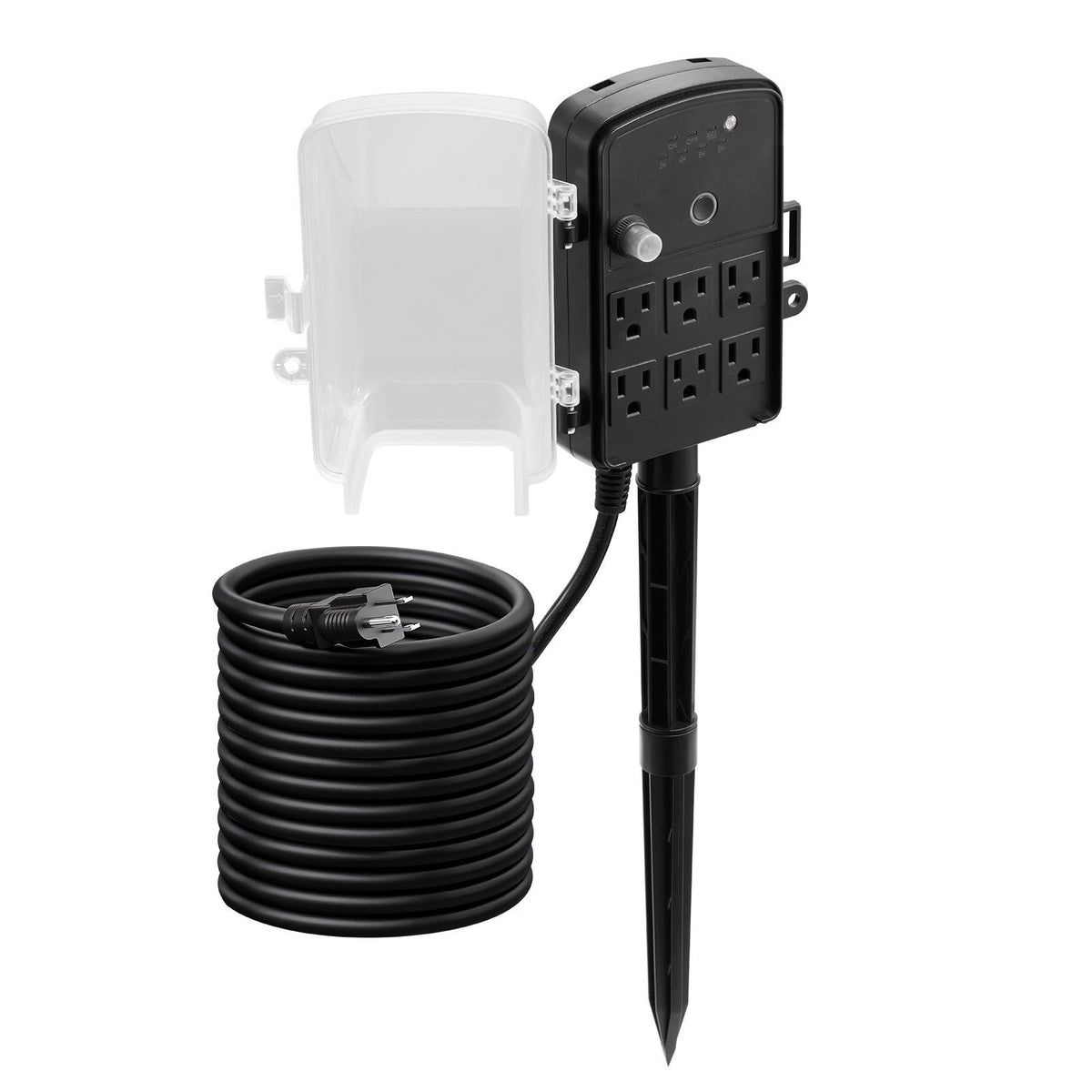 Outdoor Power Stake, 25FT Extension Cord, Outdoor Power Strip Weatherproof with Cover, Remote Control Dusk to Dawn Light Timer Waterproof, 6 Outlets, 1875W/15A, for Christmas Lights, Garden