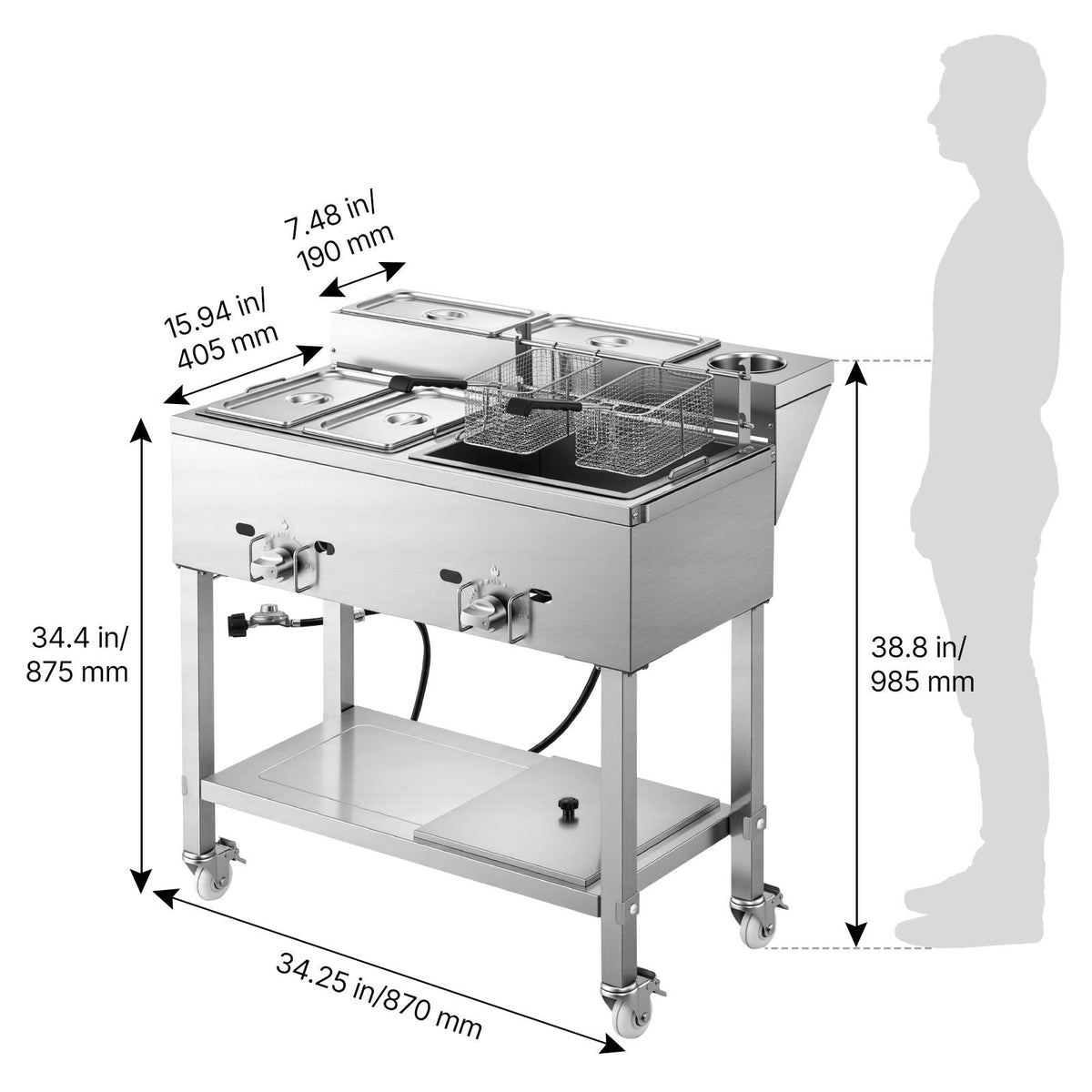 Outdoor Propane Deep Fryer, 2 Burners (11,600 BTU Each), Commercial Fryer with Two 1/3 Size Food Warming Pans, Multi-Purpose Frying Cart with 4 Lockable Wheels, for Fried Chicken & Fries