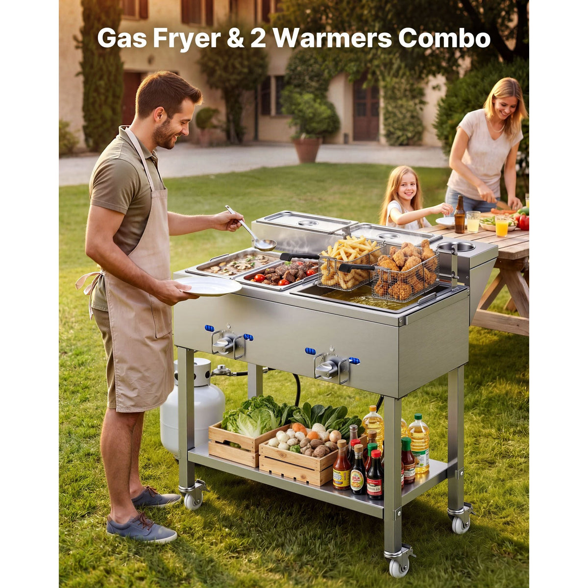 Outdoor Propane Deep Fryer, 2 Burners (11,600 BTU Each), Commercial Fryer with Two 1/3 Size Food Warming Pans, Multi-Purpose Frying Cart with 4 Lockable Wheels, for Fried Chicken & Fries