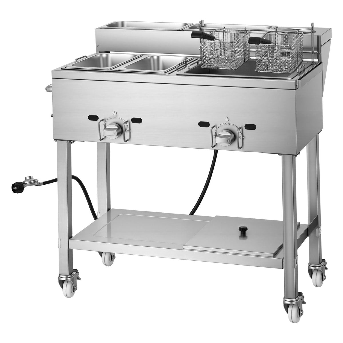 Outdoor Propane Deep Fryer, 2 Burners (11,600 BTU Each), Commercial Fryer with Two 1/3 Size Food Warming Pans, Multi-Purpose Frying Cart with 4 Lockable Wheels, for Fried Chicken & Fries