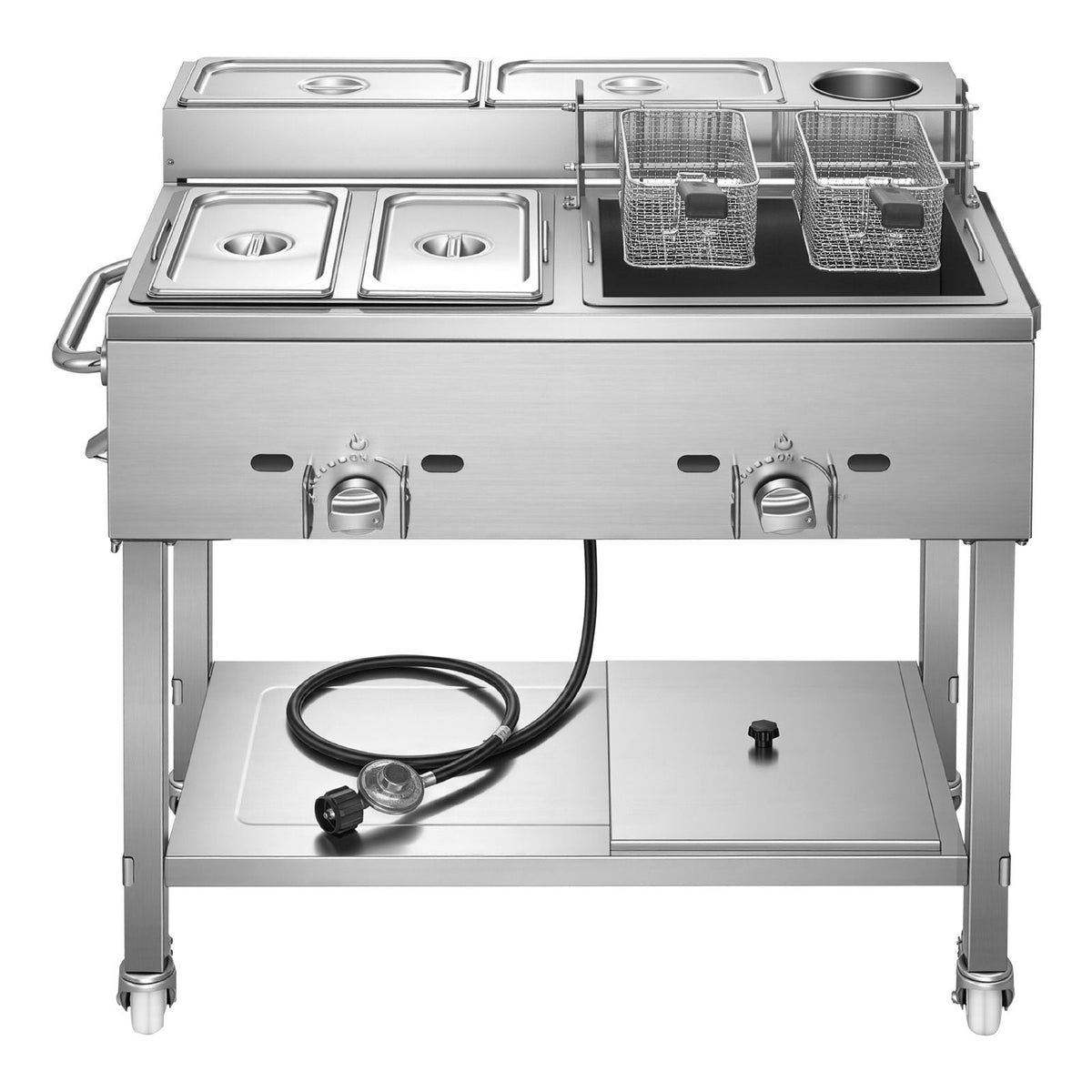 Outdoor Propane Deep Fryer, 2 Burners (11,600 BTU Each), Commercial Fryer with Two 1/3 Size Food Warming Pans, Multi-Purpose Frying Cart with 4 Lockable Wheels, for Fried Chicken & Fries