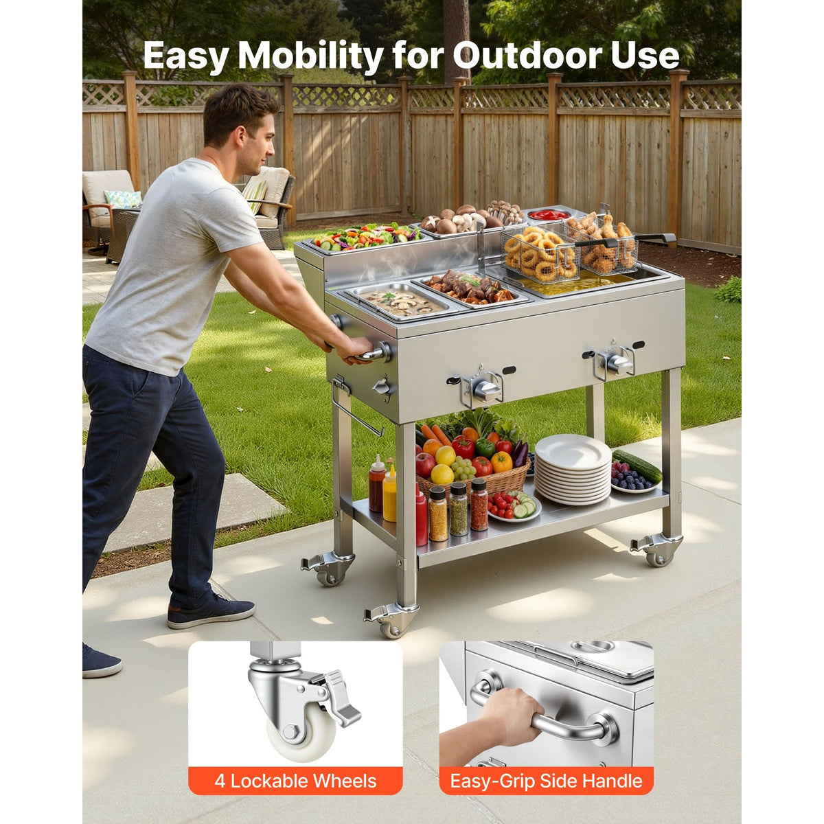 Outdoor Propane Deep Fryer, 2 Burners (11,600 BTU Each), Commercial Fryer with Two 1/3 Size Food Warming Pans, Multi-Purpose Frying Cart with 4 Lockable Wheels, for Fried Chicken & Fries