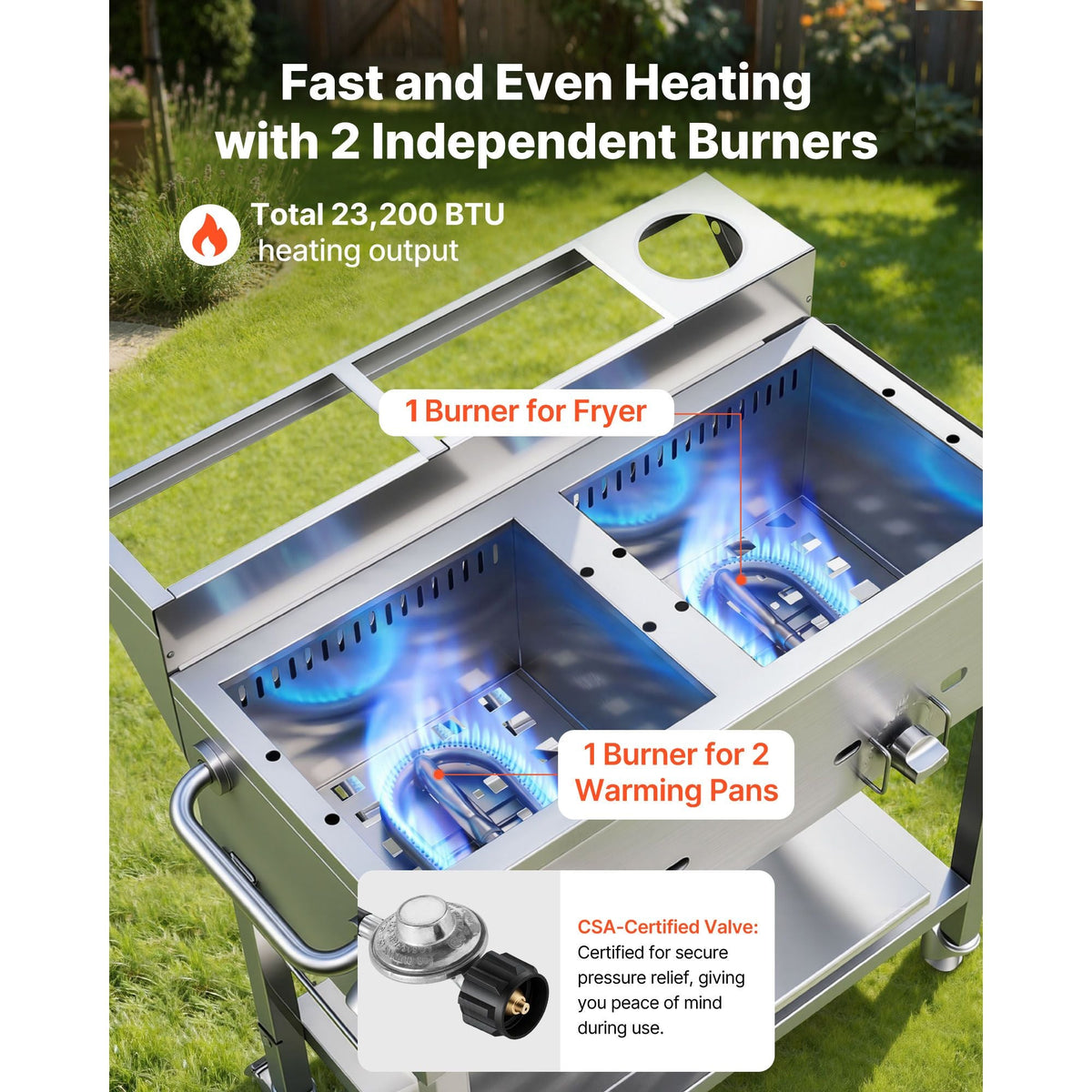 Outdoor Propane Deep Fryer, 2 Burners (11,600 BTU Each), Commercial Fryer with Two 1/3 Size Food Warming Pans, Multi-Purpose Frying Cart with 4 Lockable Wheels, for Fried Chicken & Fries