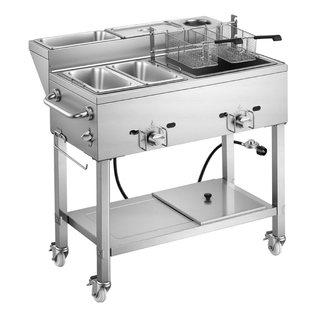 Outdoor Propane Deep Fryer, 2 Burners (11,600 BTU Each), Commercial Fryer with Two 1/3 Size Food Warming Pans, Multi-Purpose Frying Cart with 4 Lockable Wheels, for Fried Chicken & Fries