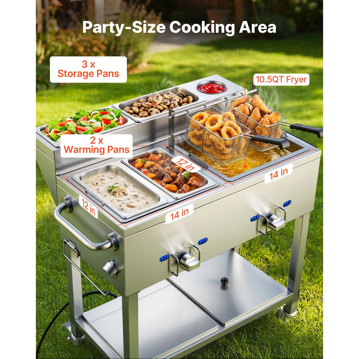 Outdoor Propane Deep Fryer, 2 Burners (11,600 BTU Each), Commercial Fryer with Two 1/3 Size Food Warming Pans, Multi-Purpose Frying Cart with 4 Lockable Wheels, for Fried Chicken & Fries