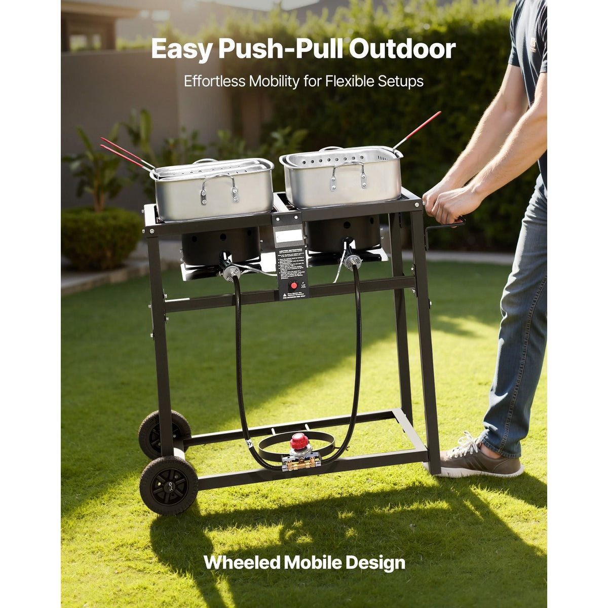 Outdoor Propane Deep Fryer, Dual-Tank 18QTx2 Commercial Fryer, Multi-Purpose Portable Frying Cart with Wheel, 3 Basket, 2 Thermometer, Stainless Steel Cooker for Fish Fry Wings Fries, 40,000 BTU