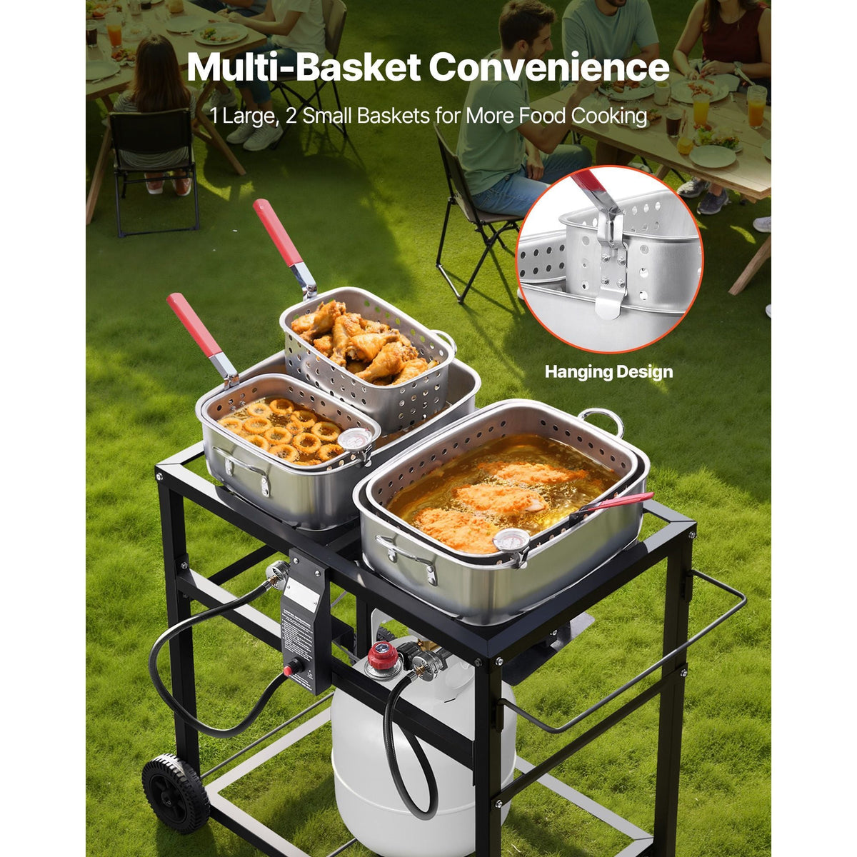 Outdoor Propane Deep Fryer, Dual-Tank 18QTx2 Commercial Fryer, Multi-Purpose Portable Frying Cart with Wheel, 3 Basket, 2 Thermometer, Stainless Steel Cooker for Fish Fry Wings Fries, 40,000 BTU