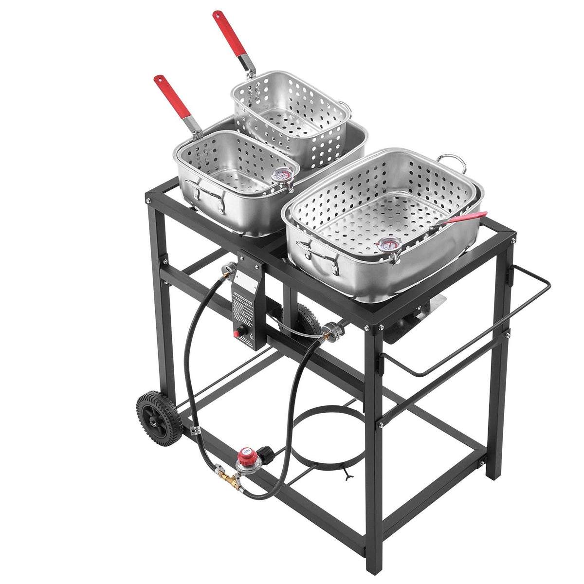 Outdoor Propane Deep Fryer, Dual-Tank 18QTx2 Commercial Fryer, Multi-Purpose Portable Frying Cart with Wheel, 3 Basket, 2 Thermometer, Stainless Steel Cooker for Fish Fry Wings Fries, 40,000 BTU
