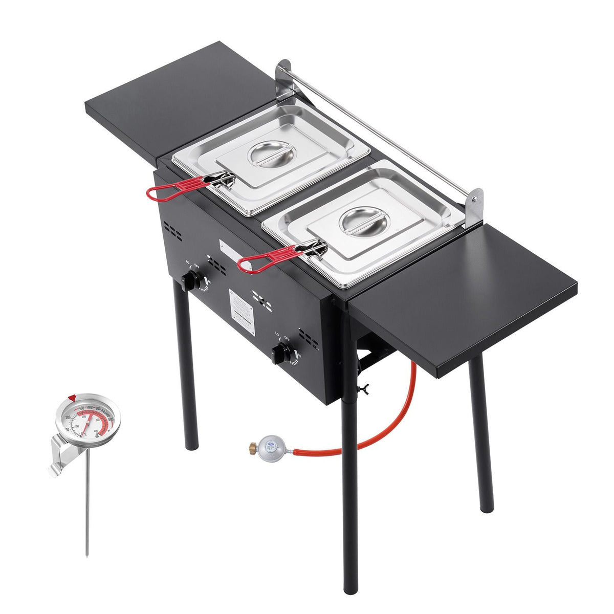 Outdoor Propane Deep Fryer, Dual-Tank 8QTx2 Commercial Fryer, Stainless Steel Cooker with Foldable Platform, Dual Basket, and Heat Adjustment, Floor Standing Fryers for Restaurant Home Snack Bar