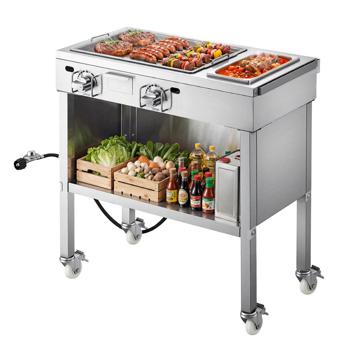 Outdoor Propane Griddle, 2 Burners (11,600 BTU Each), Commercial Stainless Steel Gas Griddle Cart with 4 Lockable Wheels, 1/3 Food Pan, Easy-Grip Side Handle, Ideal for Hot Dogs, Burgers & Meats