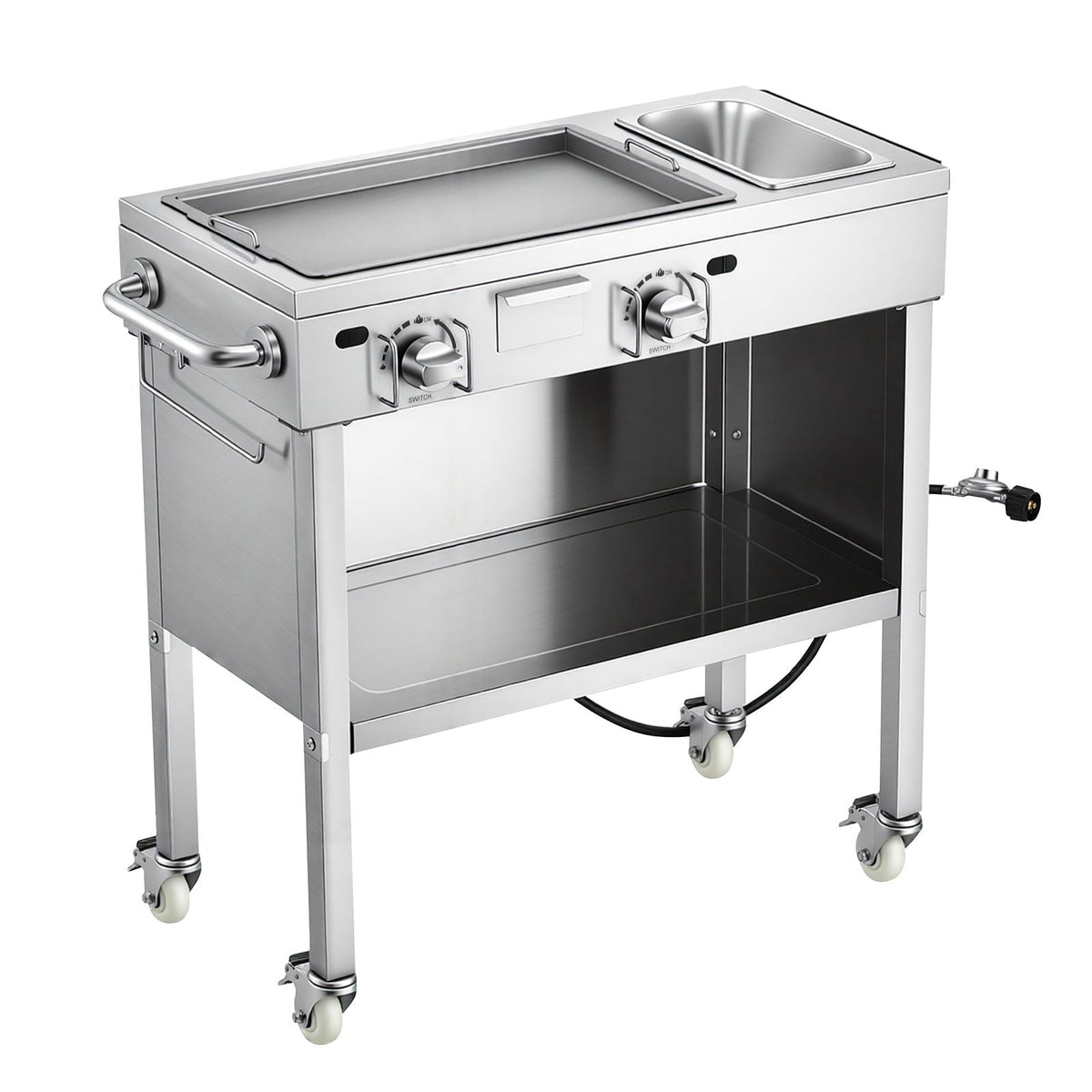 Outdoor Propane Griddle, 2 Burners (11,600 BTU Each), Commercial Stainless Steel Gas Griddle Cart with 4 Lockable Wheels, 1/3 Food Pan, Easy-Grip Side Handle, Ideal for Hot Dogs, Burgers & Meats