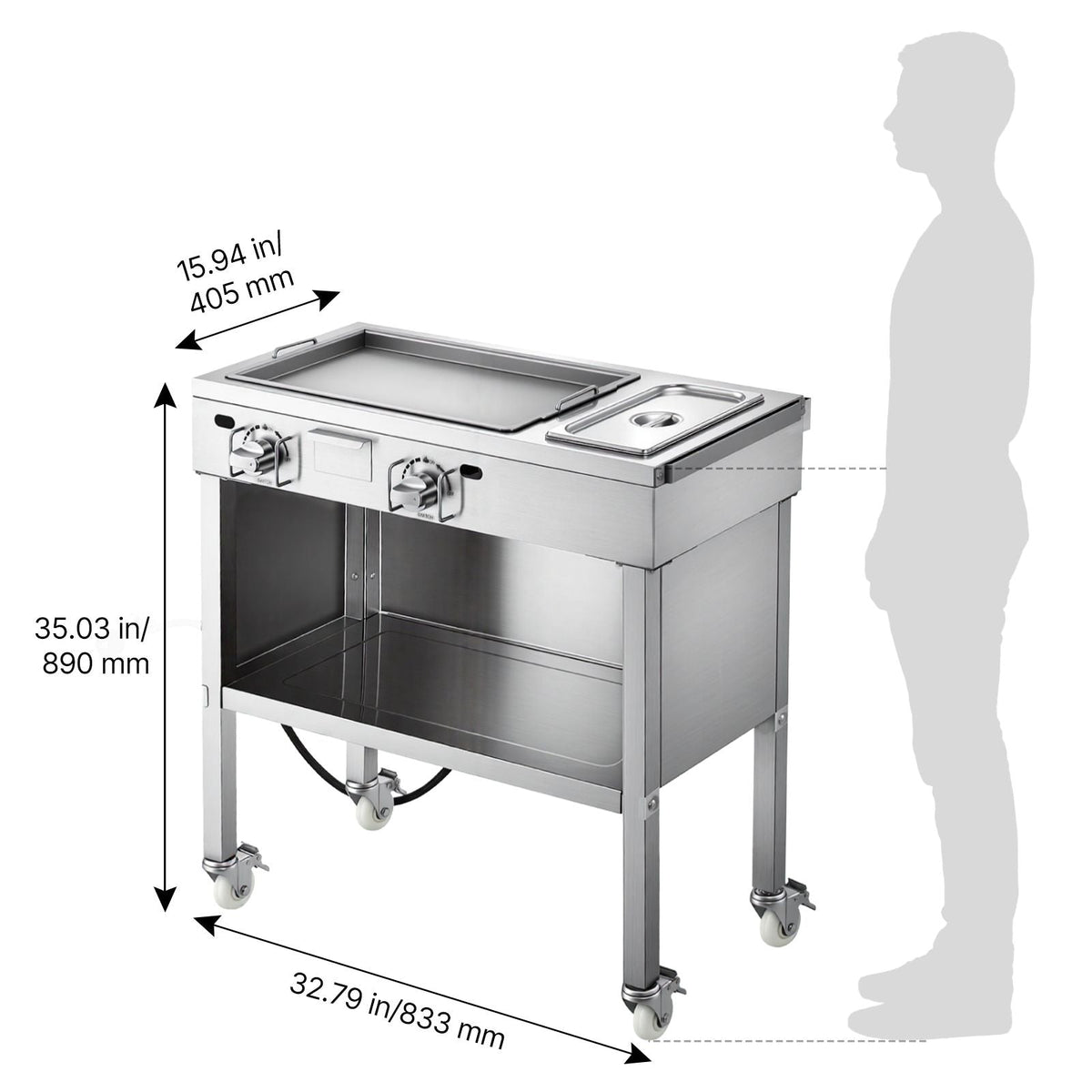 Outdoor Propane Griddle, 2 Burners (11,600 BTU Each), Commercial Stainless Steel Gas Griddle Cart with 4 Lockable Wheels, 1/3 Food Pan, Easy-Grip Side Handle, Ideal for Hot Dogs, Burgers & Meats