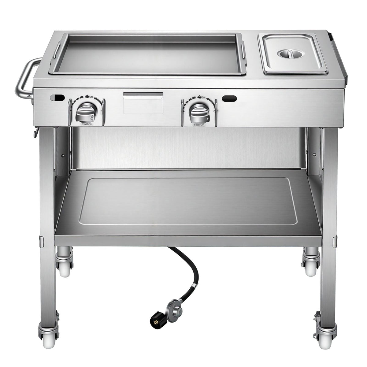 Outdoor Propane Griddle, 2 Burners (11,600 BTU Each), Commercial Stainless Steel Gas Griddle Cart with 4 Lockable Wheels, 1/3 Food Pan, Easy-Grip Side Handle, Ideal for Hot Dogs, Burgers & Meats