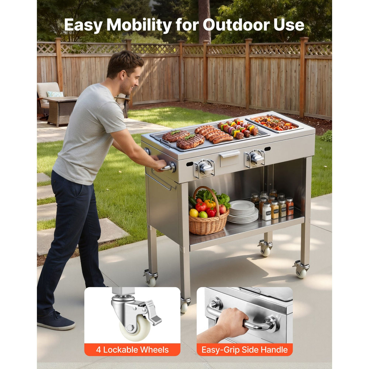 Outdoor Propane Griddle, 2 Burners (11,600 BTU Each), Commercial Stainless Steel Gas Griddle Cart with 4 Lockable Wheels, 1/3 Food Pan, Easy-Grip Side Handle, Ideal for Hot Dogs, Burgers & Meats