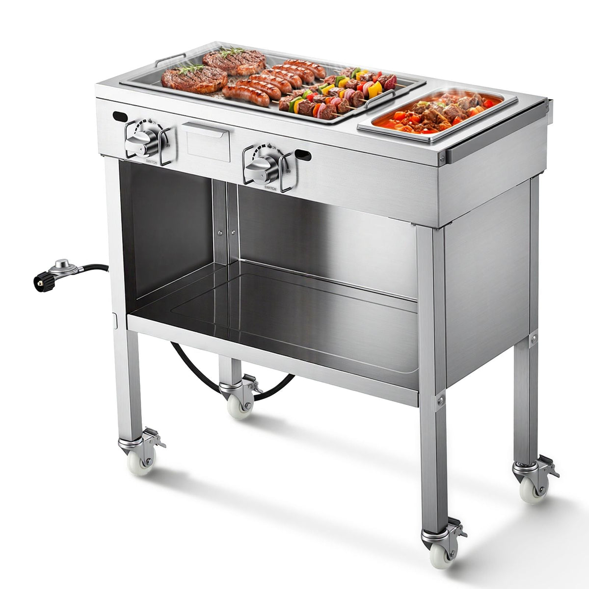 Outdoor Propane Griddle, 2 Burners (11,600 BTU Each), Commercial Stainless Steel Gas Griddle Cart with 4 Lockable Wheels, 1/3 Food Pan, Easy-Grip Side Handle, Ideal for Hot Dogs, Burgers & Meats
