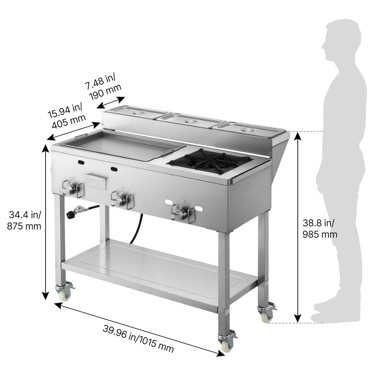 Outdoor Propane Griddle, 3 Burners (11,600 BTU Each), Commercial Stainless Steel Griddle with Three 1/3 Size Food Pans, Portable Cart with Wheels & Gas Stove, for Hot Dogs, Burgers & Meats