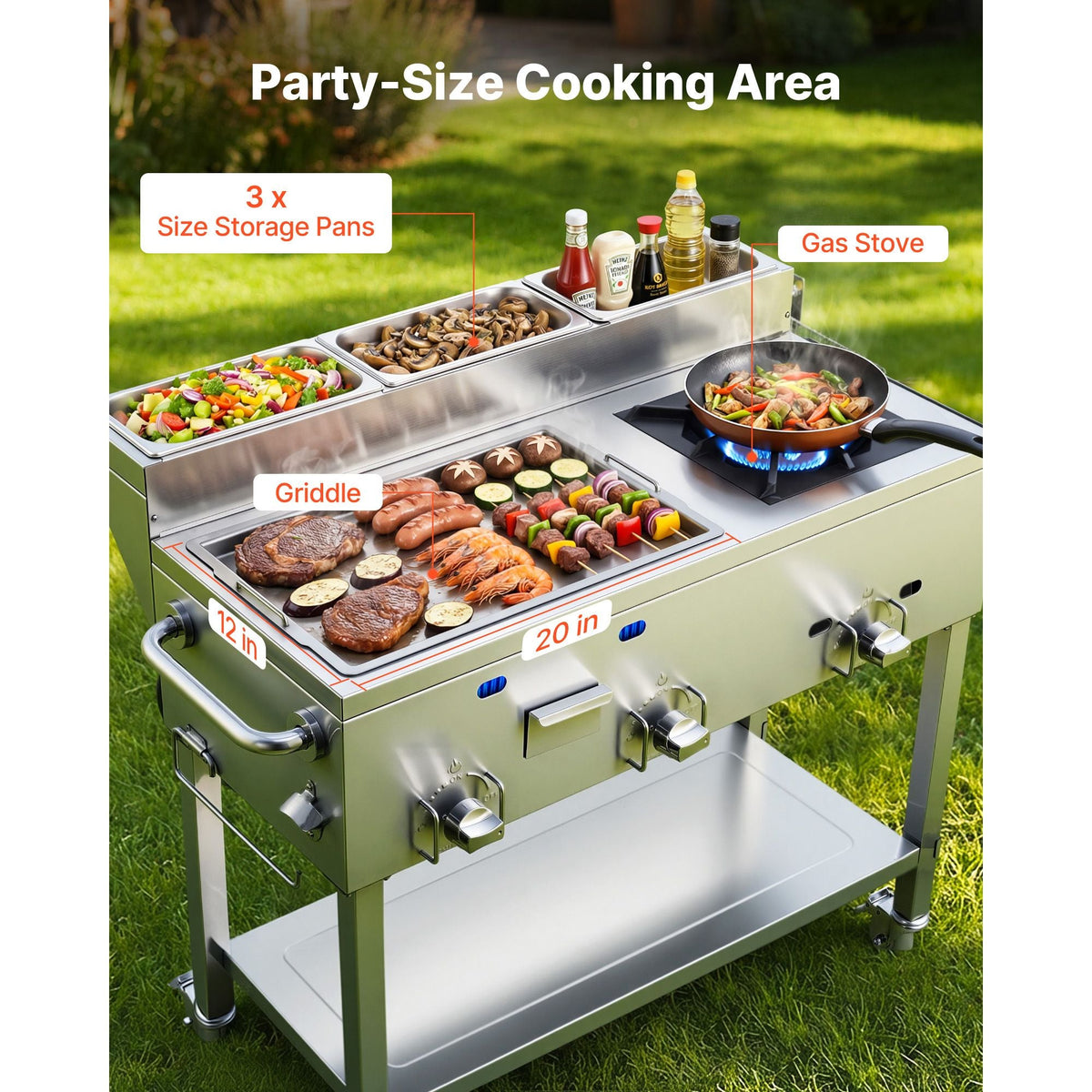 Outdoor Propane Griddle, 3 Burners (11,600 BTU Each), Commercial Stainless Steel Griddle with Three 1/3 Size Food Pans, Portable Cart with Wheels & Gas Stove, for Hot Dogs, Burgers & Meats