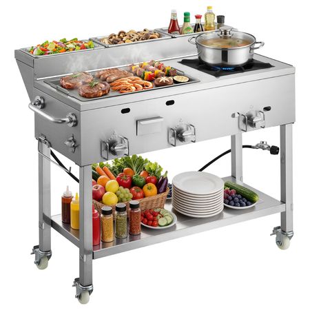 Outdoor Propane Griddle, 3 Burners (11,600 BTU Each), Commercial Stainless Steel Griddle with Three 1/3 Size Food Pans, Portable Cart with Wheels & Gas Stove, for Hot Dogs, Burgers & Meats