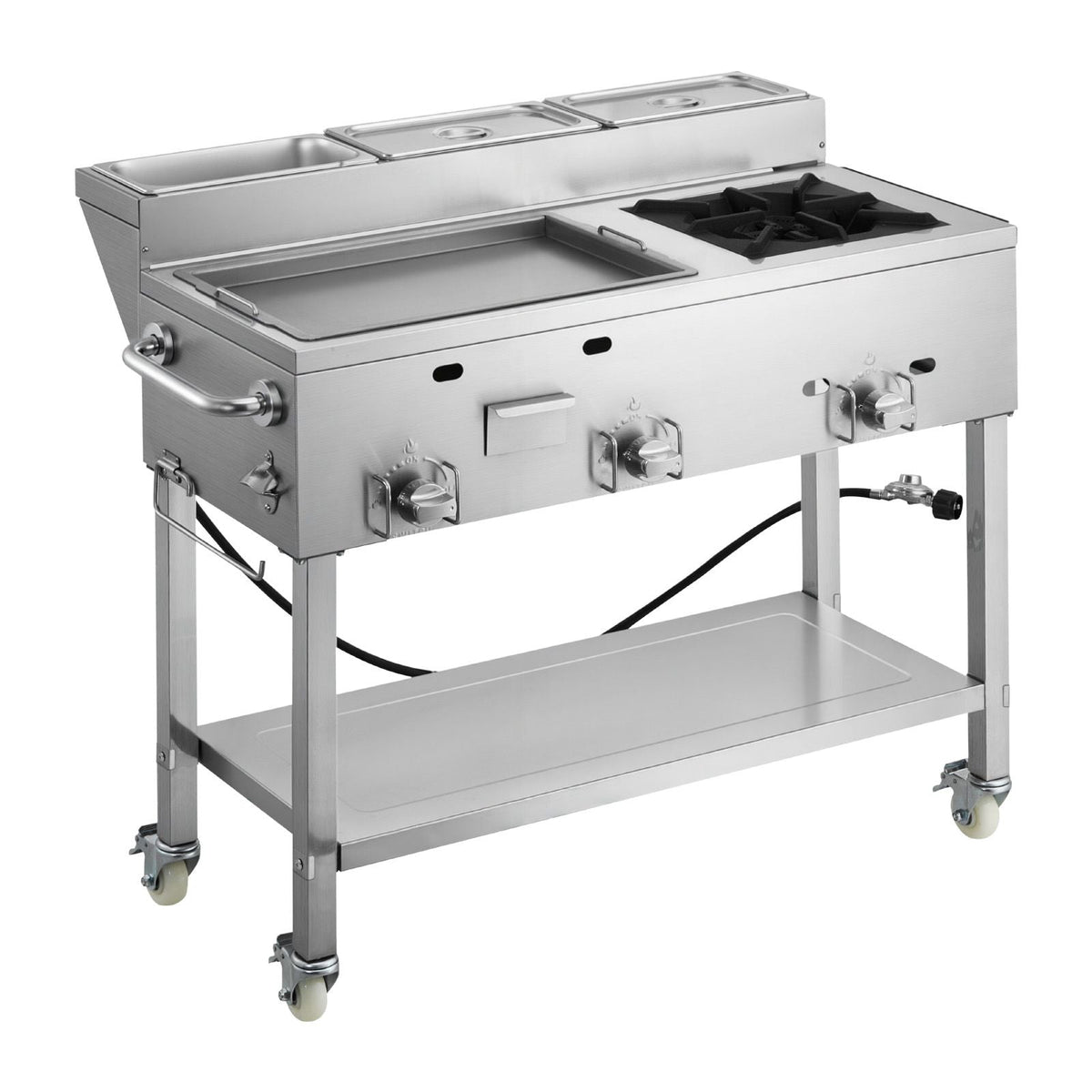 Outdoor Propane Griddle, 3 Burners (11,600 BTU Each), Commercial Stainless Steel Griddle with Three 1/3 Size Food Pans, Portable Cart with Wheels & Gas Stove, for Hot Dogs, Burgers & Meats