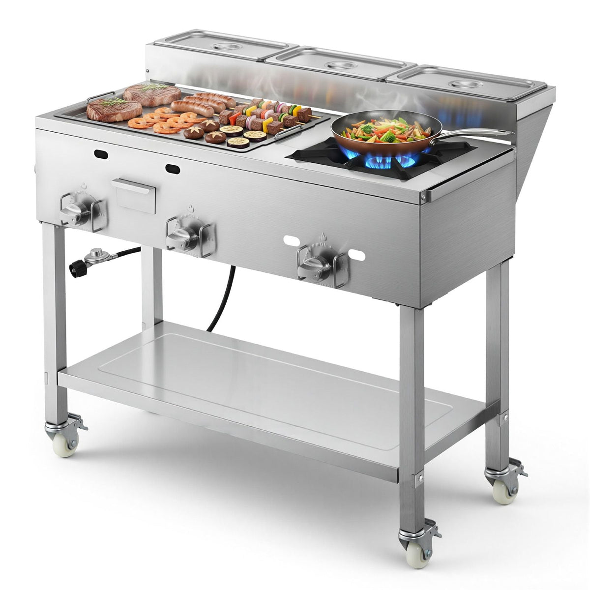 Outdoor Propane Griddle, 3 Burners (11,600 BTU Each), Commercial Stainless Steel Griddle with Three 1/3 Size Food Pans, Portable Cart with Wheels & Gas Stove, for Hot Dogs, Burgers & Meats