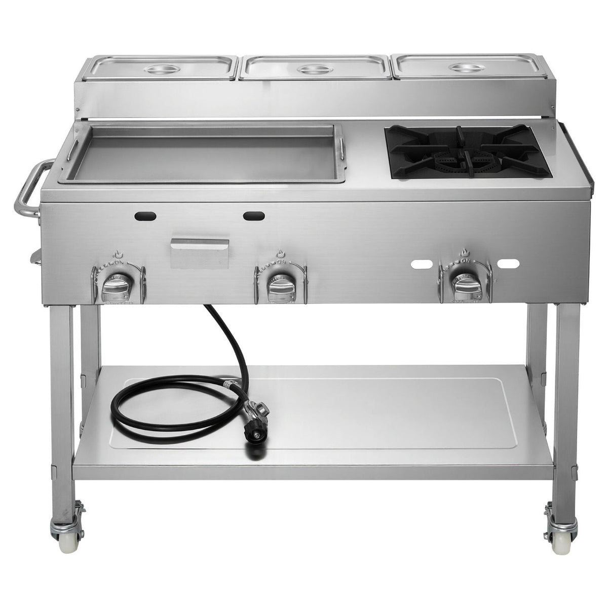 Outdoor Propane Griddle, 3 Burners (11,600 BTU Each), Commercial Stainless Steel Griddle with Three 1/3 Size Food Pans, Portable Cart with Wheels & Gas Stove, for Hot Dogs, Burgers & Meats