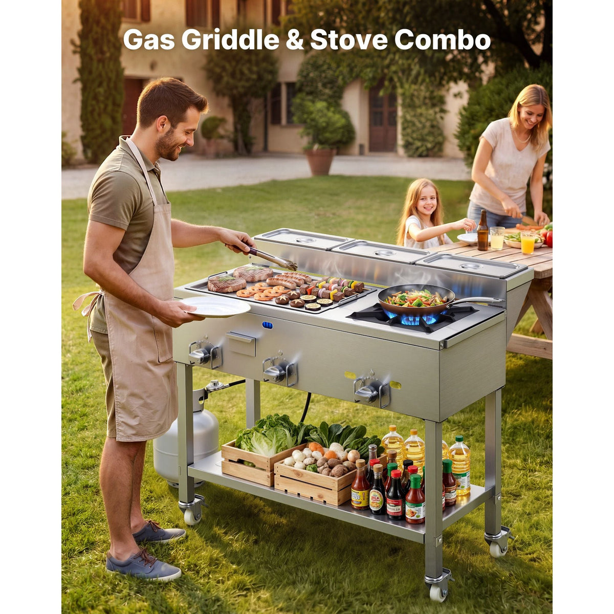 Outdoor Propane Griddle, 3 Burners (11,600 BTU Each), Commercial Stainless Steel Griddle with Three 1/3 Size Food Pans, Portable Cart with Wheels & Gas Stove, for Hot Dogs, Burgers & Meats
