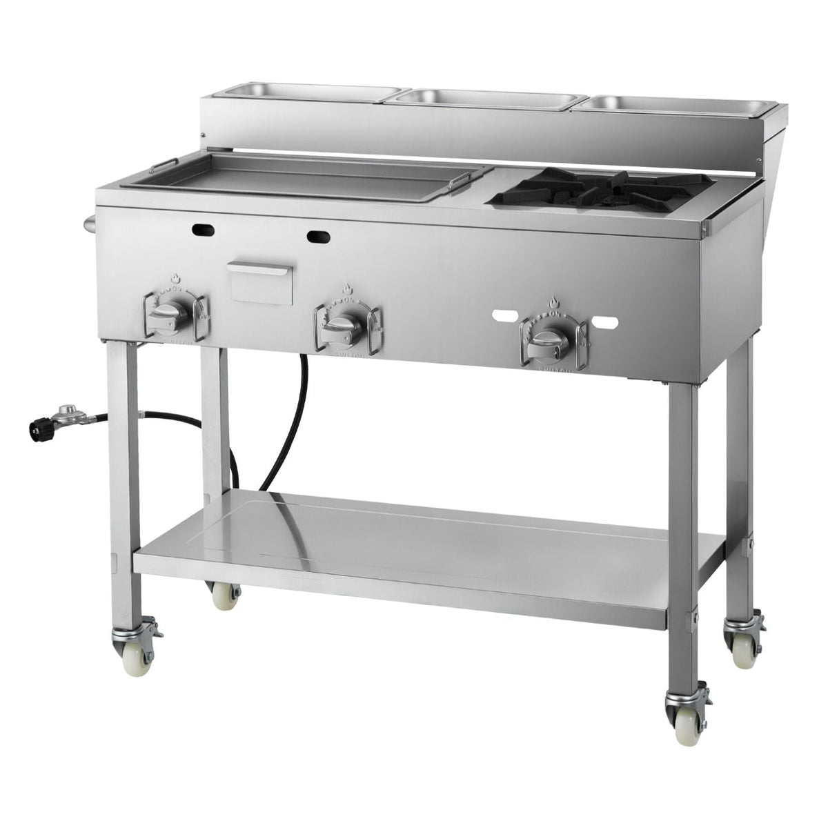 Outdoor Propane Griddle, 3 Burners (11,600 BTU Each), Commercial Stainless Steel Griddle with Three 1/3 Size Food Pans, Portable Cart with Wheels & Gas Stove, for Hot Dogs, Burgers & Meats
