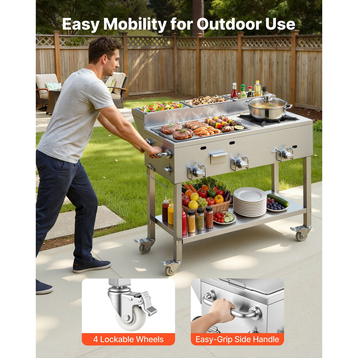Outdoor Propane Griddle, 3 Burners (11,600 BTU Each), Commercial Stainless Steel Griddle with Three 1/3 Size Food Pans, Portable Cart with Wheels & Gas Stove, for Hot Dogs, Burgers & Meats
