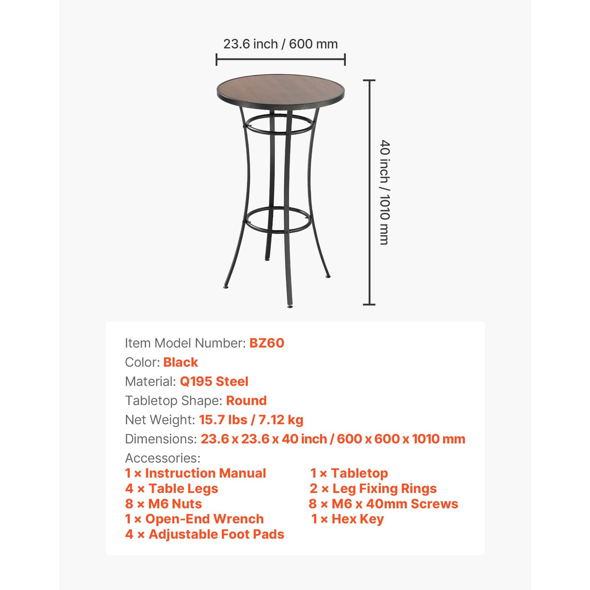 Outdoor Round Bar Table, 23.7 in Counter Bar Height Bistro Table, Patio Dining Tables with Easy-to-Clean Top & Sturdy Metal Frame, Indoor High Top Pub Tables for Small Places, Kitchen