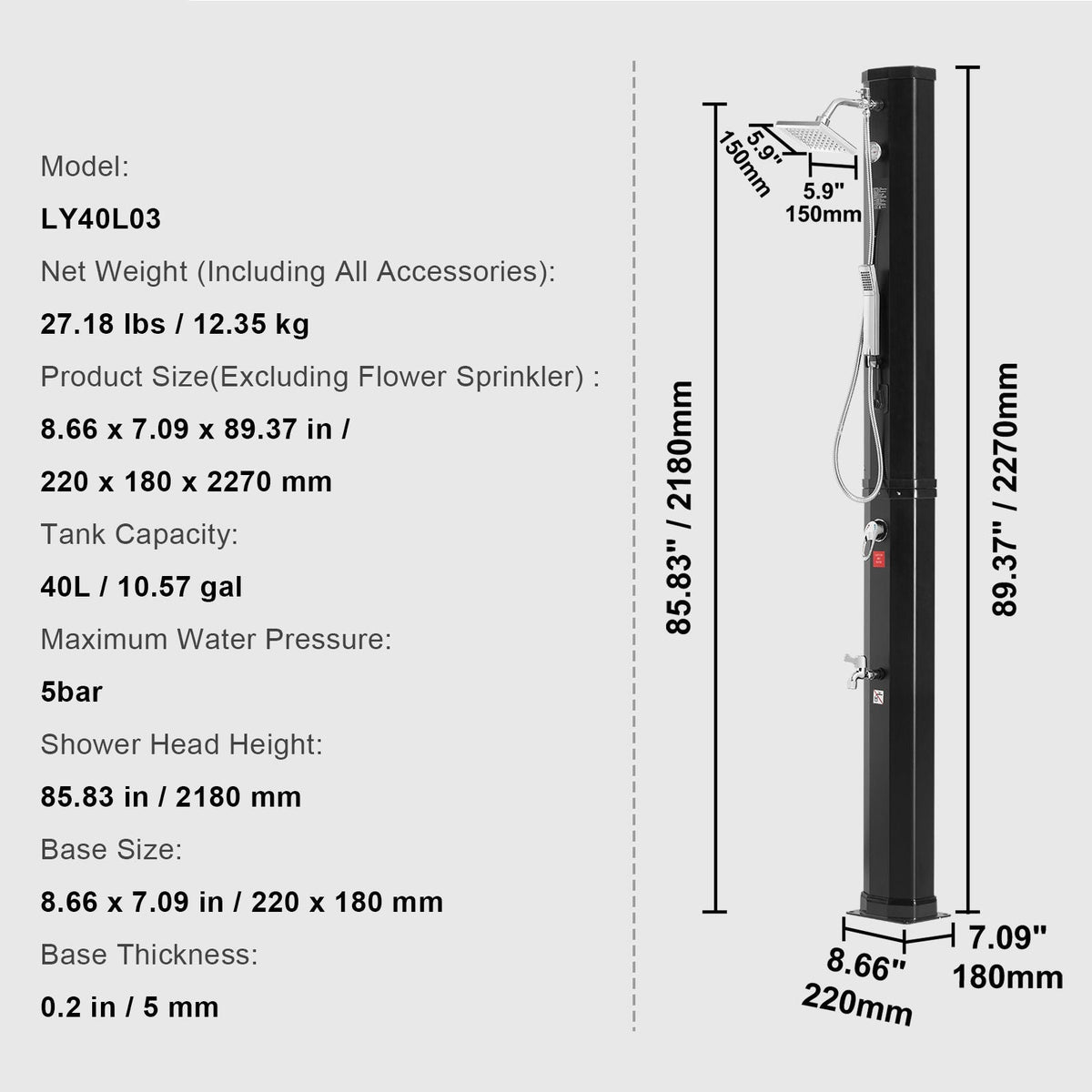 Outdoor Solar Heated Shower, 10.57 Gallon Poolside Shower Kit with 2 Shower Head and Foot Shower Tap, Handheld/Hanging Two Modes Fast Assembly for Outdoor Backyard Poolside Beach Spa