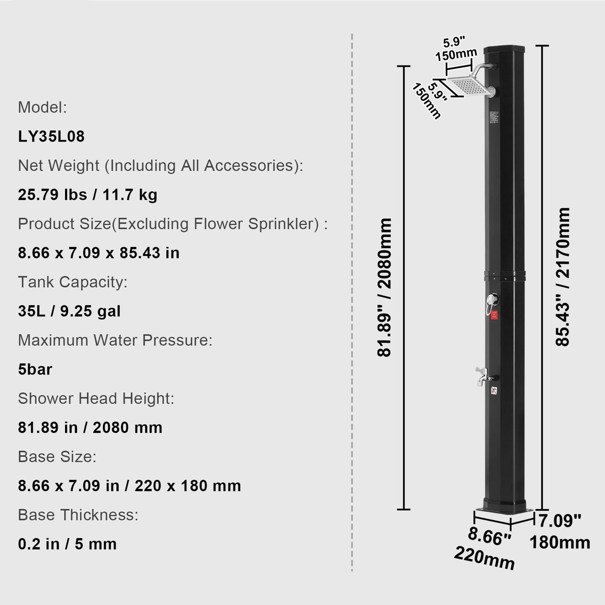 Outdoor Solar Heated Shower, 9.25 Gallon Poolside Shower Kit with Shower Head and Foot Shower Tap, Double Buckle Fast Assembly W/ Pre-Drilled Holes for Outdoor Backyard Poolside Beach Spa