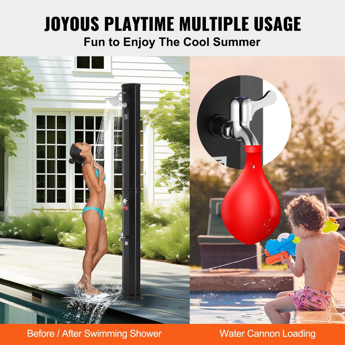 Outdoor Solar Heated Shower, 9.25 Gallon Poolside Shower Kit with Shower Head and Foot Shower Tap, Double Buckle Fast Assembly W/ Pre-Drilled Holes for Outdoor Backyard Poolside Beach Spa